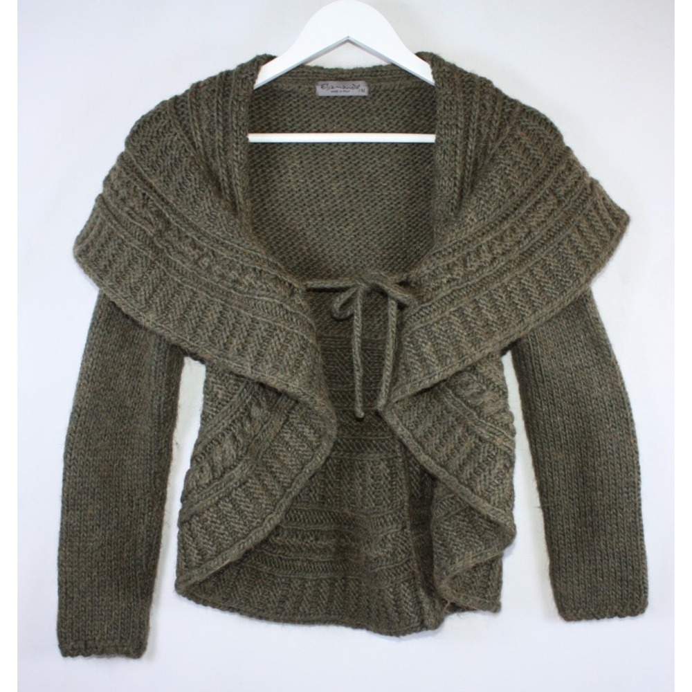 Elsamanda Wool Blend Knit Chunky Sweater Shawl Size Medium Tie Front Collar Boho